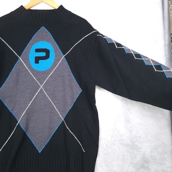 Vintage Y2K Paco Sweater Mens XL Black Blue Argyle Big Logo Mock Neck Pullover - Picture 5 of 16